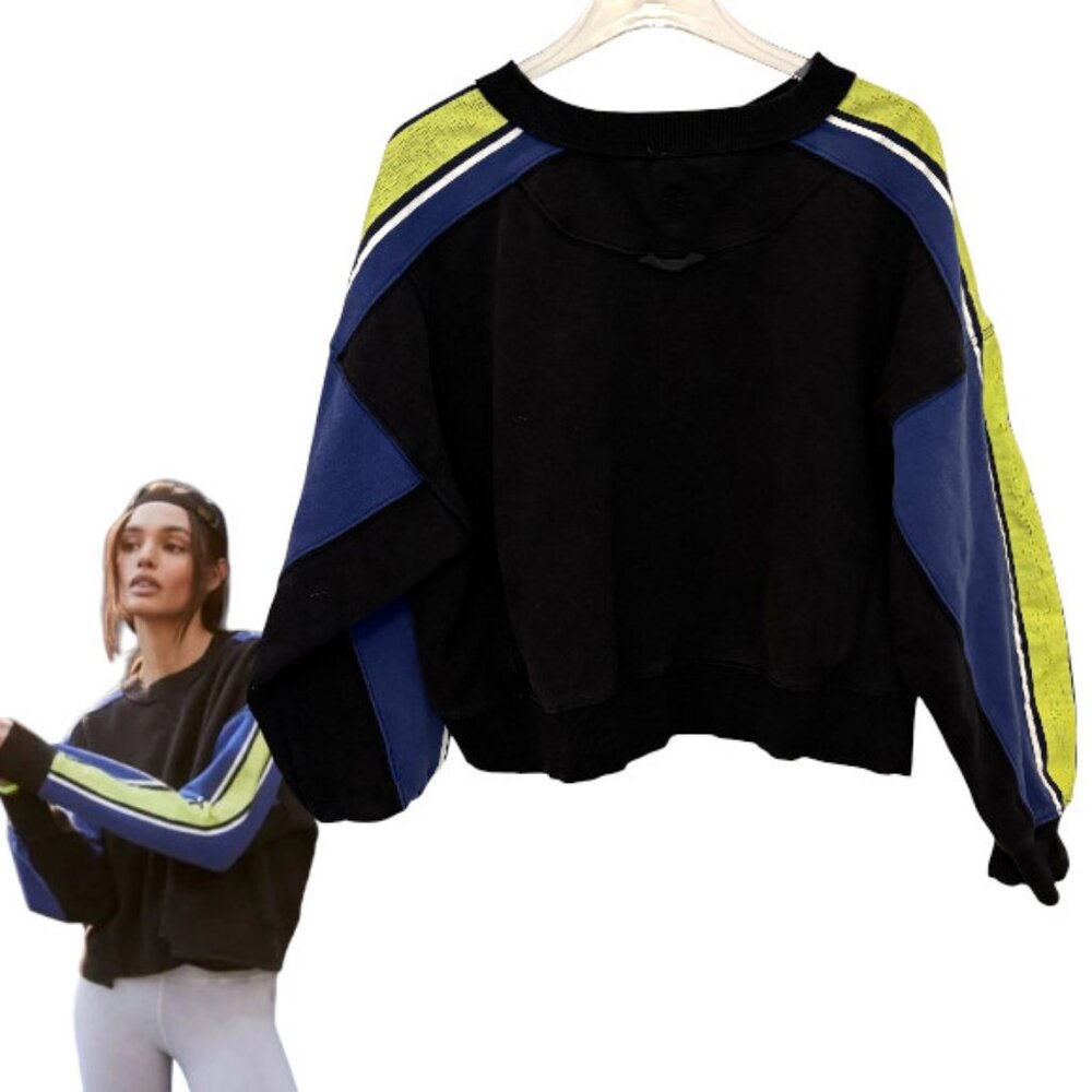 Free People Movement Cropped Sweatshirt Striped Neon Blue Black Pullover